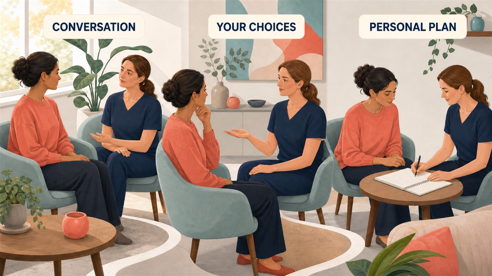 A first appointment begins with conversation, informed choices and a personal plan.