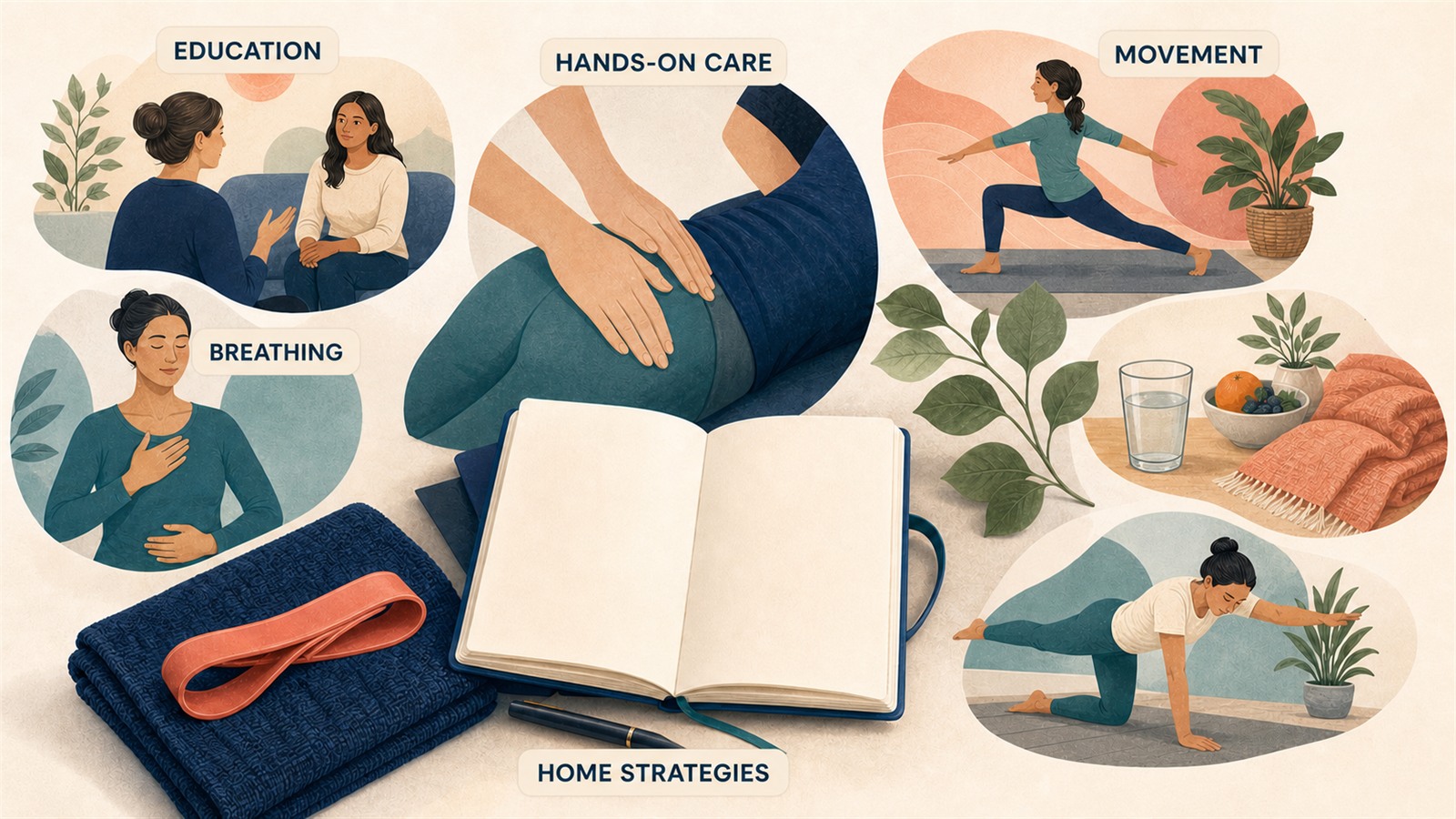 Treatment may include education, breathing, movement, hands-on care and home strategies.